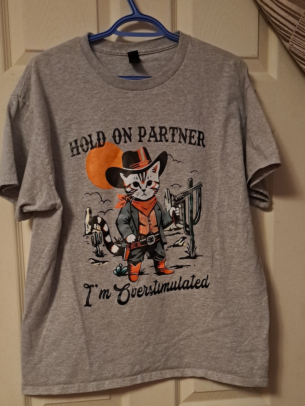 Gildan Gray Cat Cowboy Graphic Tee with Orange Accents